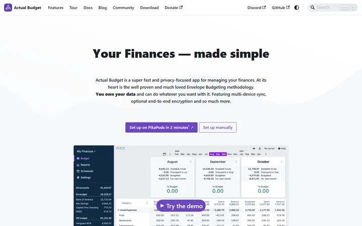Actual Budget home page, captured Oct 15, 2026