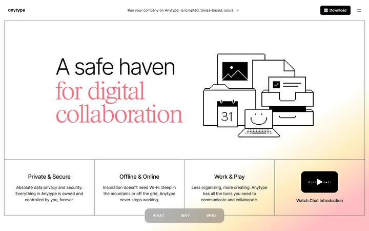 Anytype home page, captured Oct 15, 2026
