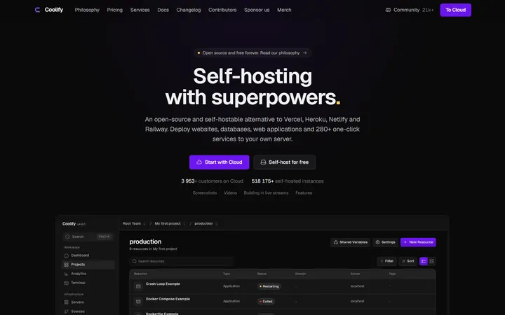 Coolify home page, captured Oct 15, 2026