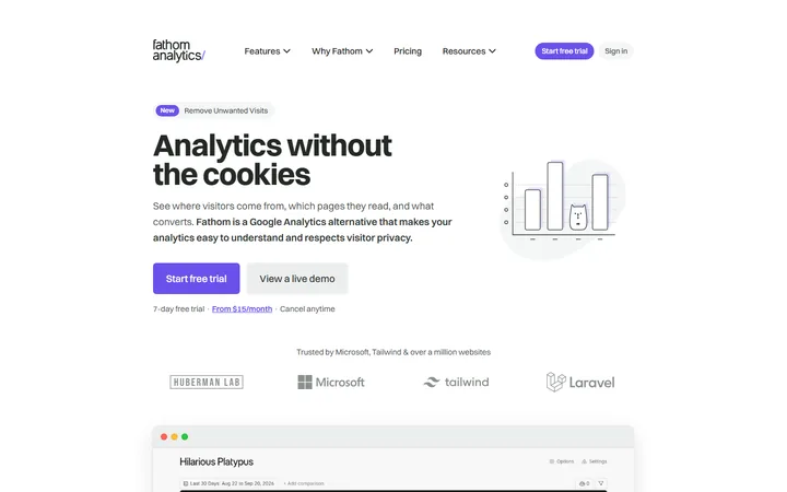 Fathom Analytics home page, captured Oct 15, 2026