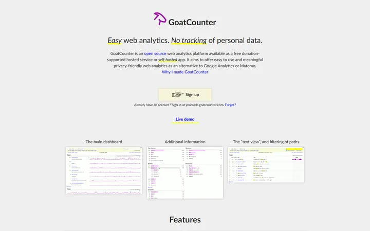 GoatCounter home page, captured Oct 15, 2026