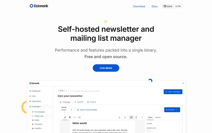 Listmonk home page, captured Oct 15, 2026